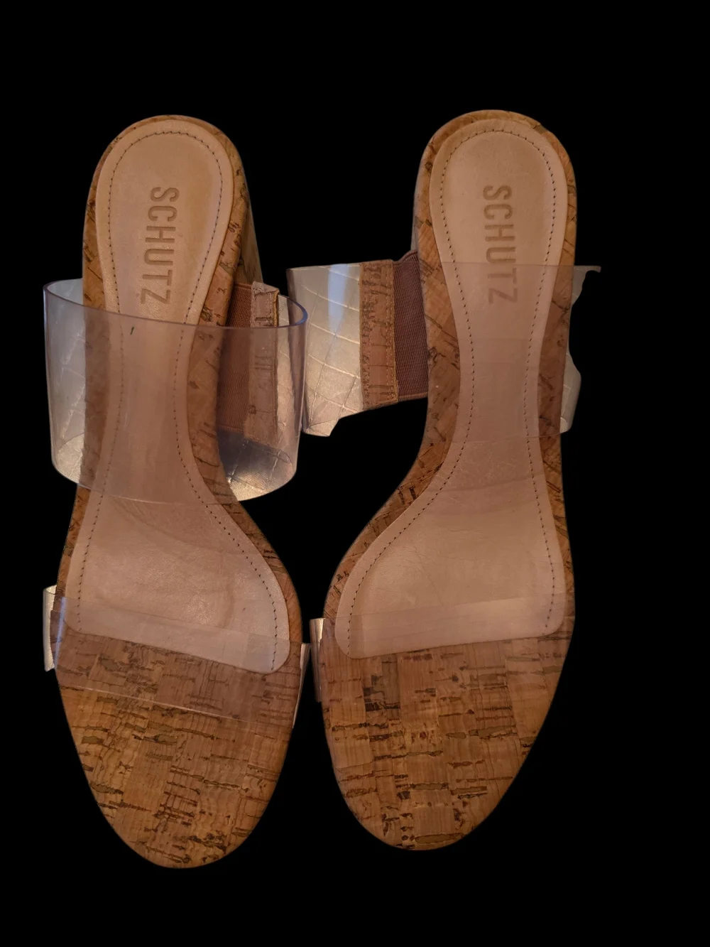 Schutz Clear Victorie Cork Platform Slide Sandals in Natural